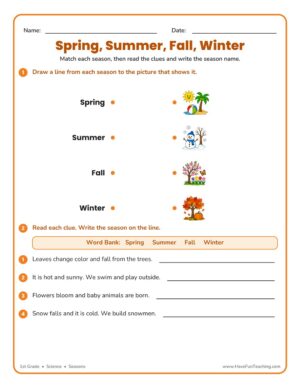 Seasons of the year matching worksheet showing spring, summer, fall, and winter pictures for students to match