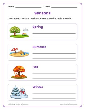 1st Grade writing worksheet with spring, summer, fall and winter pictures and sentence lines