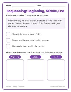 1st Grade reading worksheet for ordering a story and drawing its beginning, middle and end
