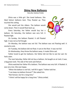 Shiny New Balloons Reading Comprehension Worksheet