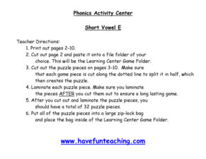 Short Vowel E Puzzle
