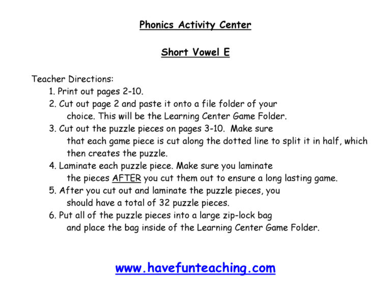 Short Vowel E Puzzle