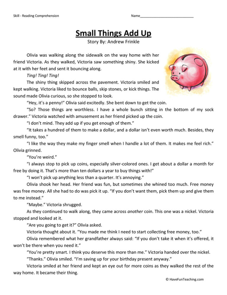 Small Things Add Up Reading Comprehension Worksheet