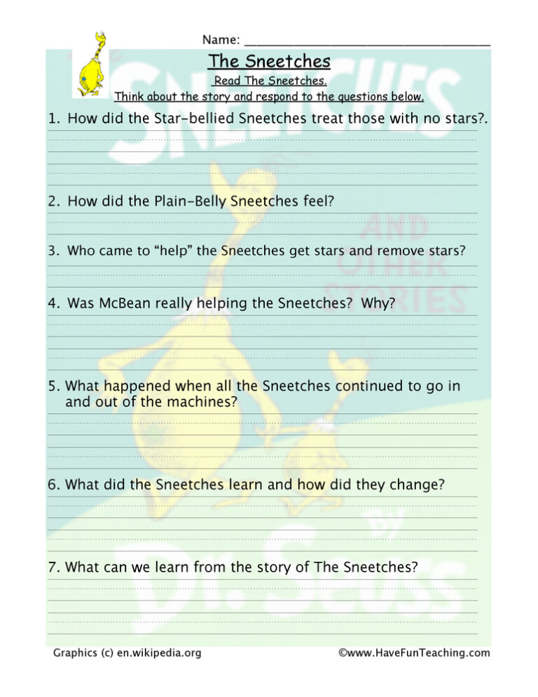 Sneetches Reading Comprehension Worksheet