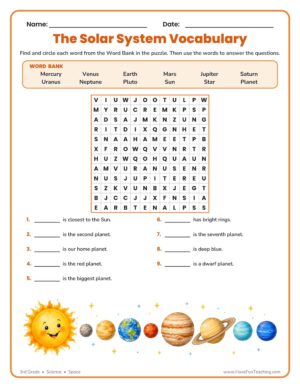 Solar System Vocabulary word search worksheet for 3rd grade science with a planets word bank.