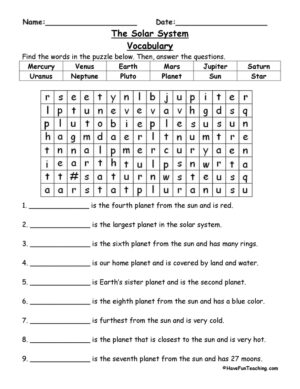 Solar System Word Search Worksheet