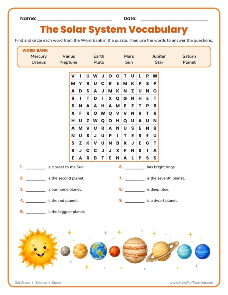 Solar System Word Search Worksheet