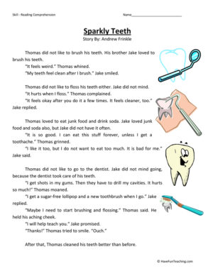 Sparkly Teeth Reading Comprehension Worksheet