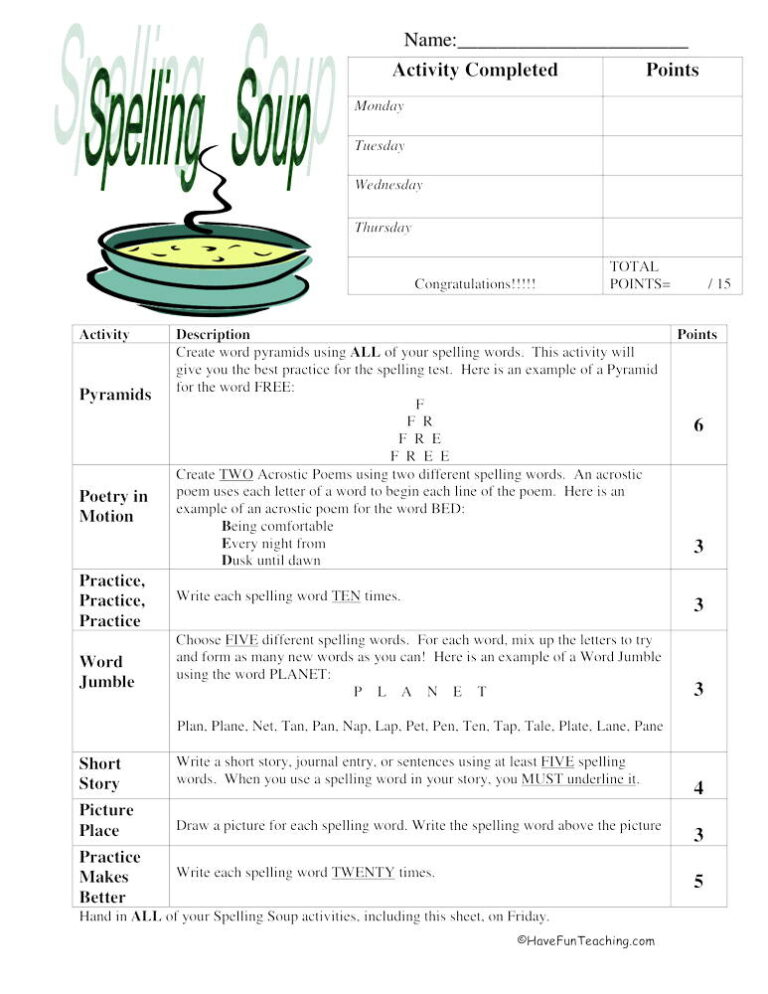 Spelling Soup Primary Daily Worksheet