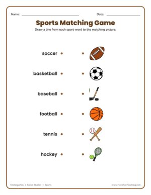 Sports matching worksheet where students draw a line from each sport word to the matching picture.