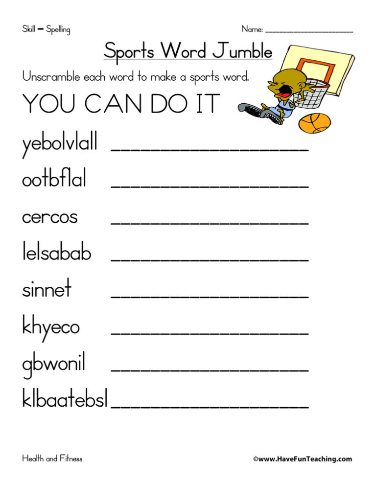 Sports Word Jumble Worksheet
