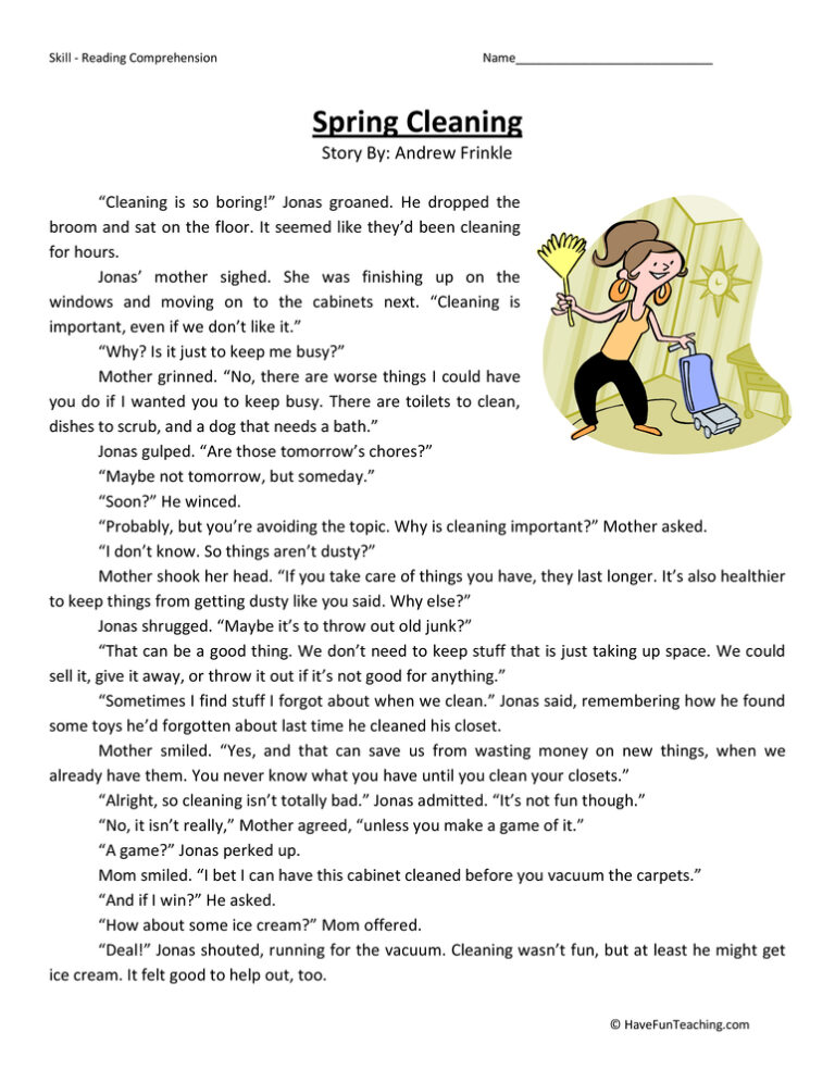 Spring Cleaning Reading Comprehension Worksheet