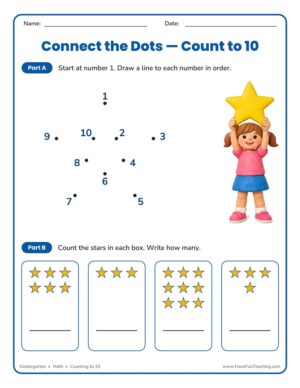 Kindergarten counting to 10 star dot to dot worksheet