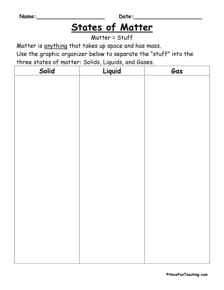 States of Matter Worksheet