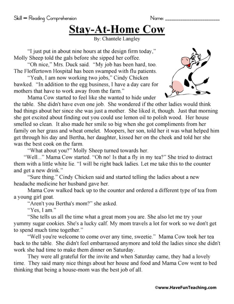 Stay At Home Cow Reading Comprehension Worksheet