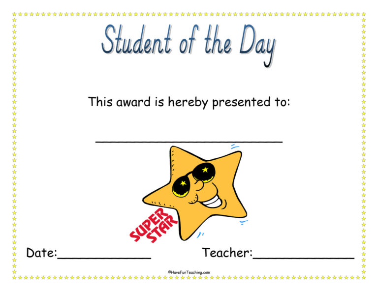 Student of the Day Reward Certificate
