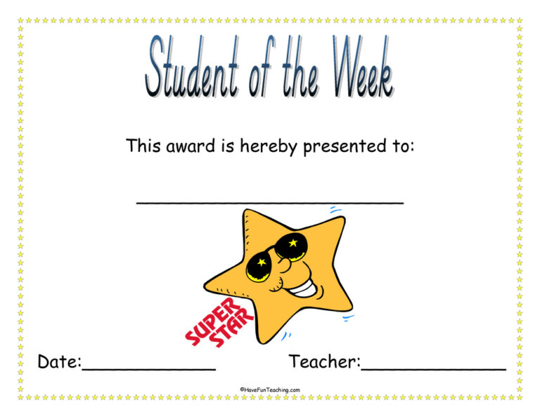 Student of the Week Reward Certificate