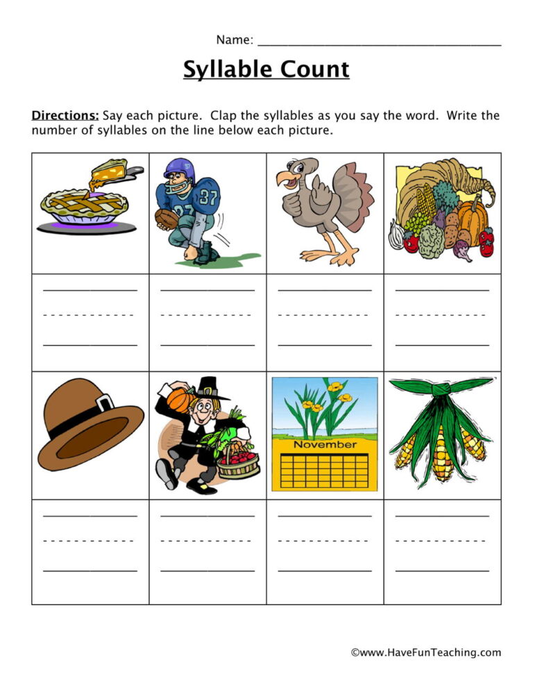 Thanksgiving Syllables Worksheet
