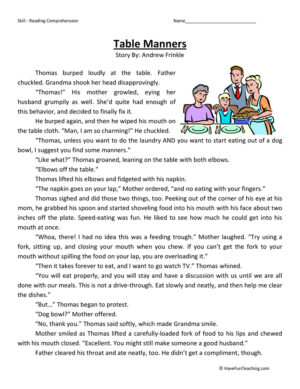 Table Manners Reading Comprehension Worksheet