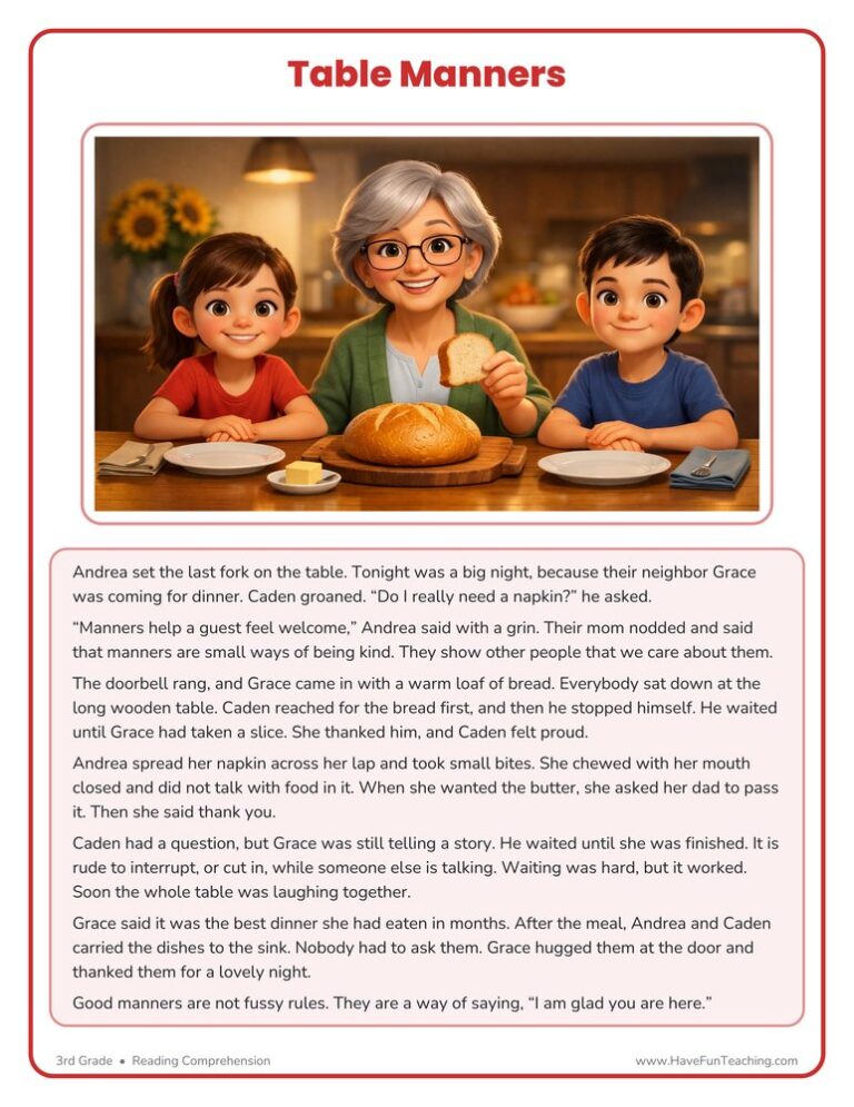 Table Manners Reading Comprehension Worksheet