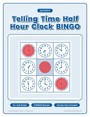 1st and 2nd grade telling time half hour clock BINGO activity
