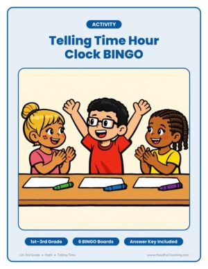 1st to 3rd grade telling time hour clock BINGO activity cover