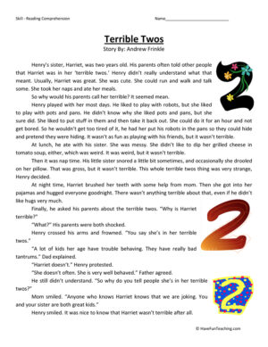 Terrible Twos Reading Comprehension Worksheet