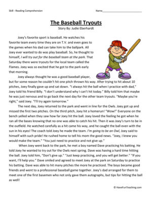 The Baseball Tryouts Reading Comprehension Worksheet