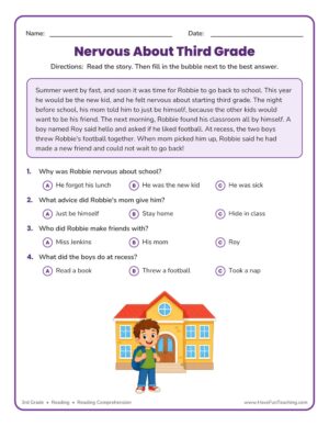 Nervous About Third Grade reading comprehension worksheet for 3rd grade back to school