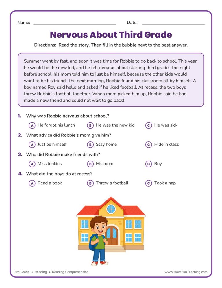 Nervous about Third Grade Reading Comprehension Worksheet