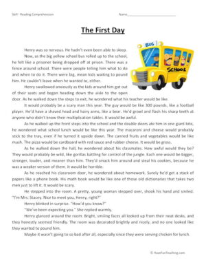 The First Day Reading Comprehension Worksheet