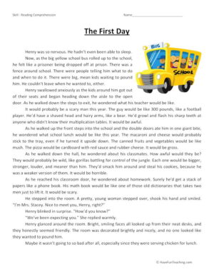 The First Day Reading Comprehension Worksheet