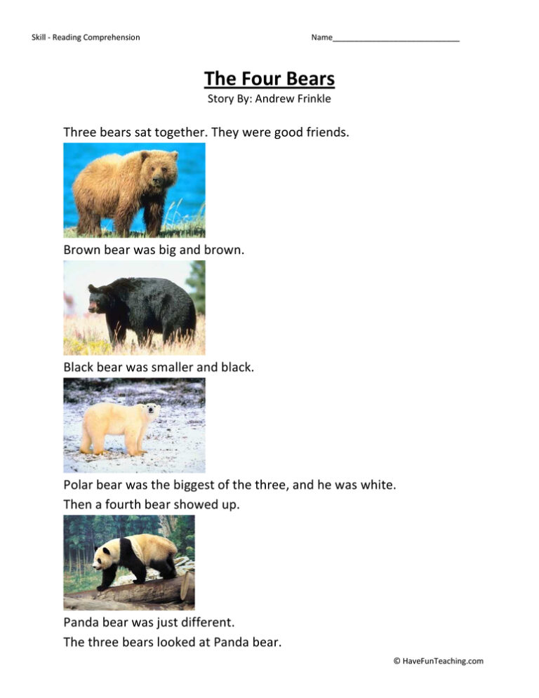 The Four Bears Reading Comprehension Worksheet