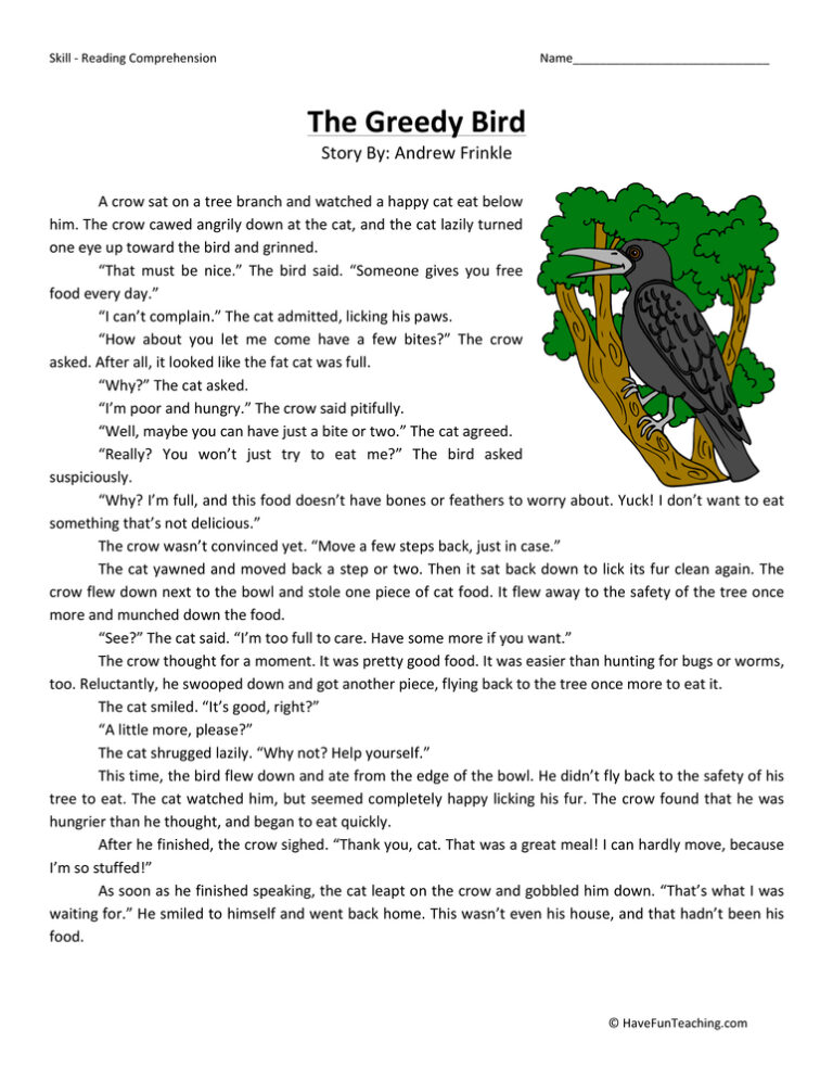 The Greedy Bird Reading Comprehension Worksheet