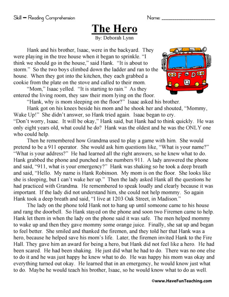 The Hero Reading Comprehension Worksheet