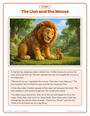 2nd Grade reading comprehension worksheet for the fable The Lion and the Mouse