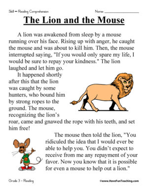 The Lion and the Mouse Reading Comprehension Worksheet