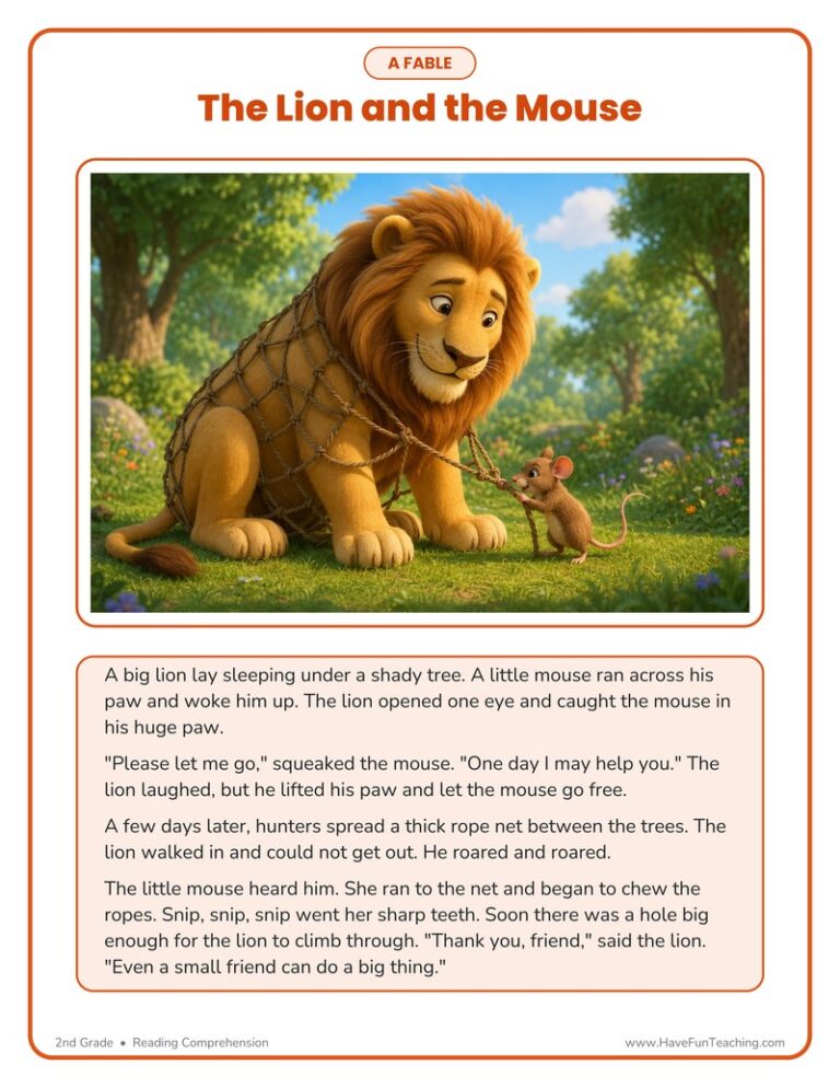 The Lion and the Mouse Reading Comprehension Worksheet