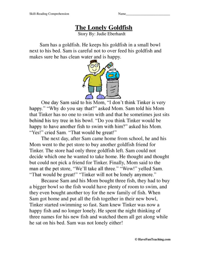 The Lonely Goldfish Reading Comprehension Worksheet