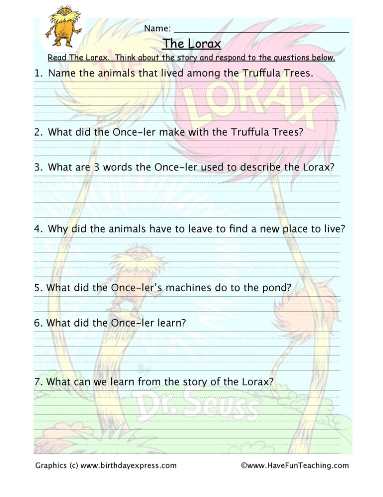 The Lorax Reading Comprehension Worksheet
