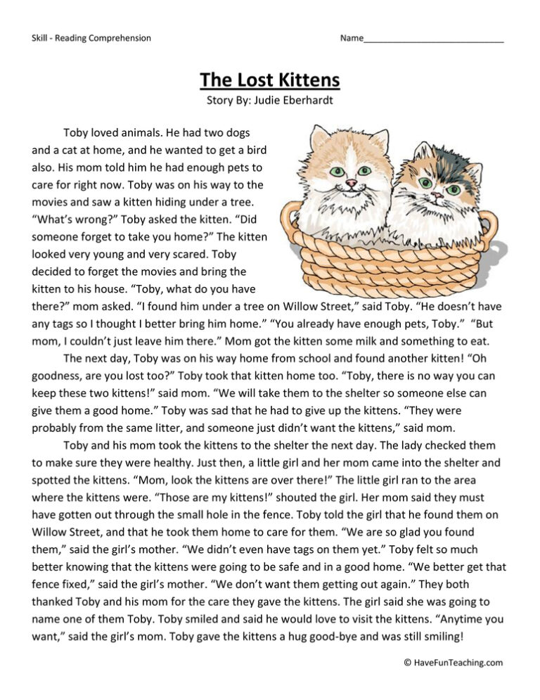 The Lost Kittens Reading Comprehension Worksheet
