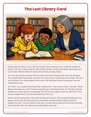 3rd Grade Reading Comprehension worksheet – The Lost Library Card