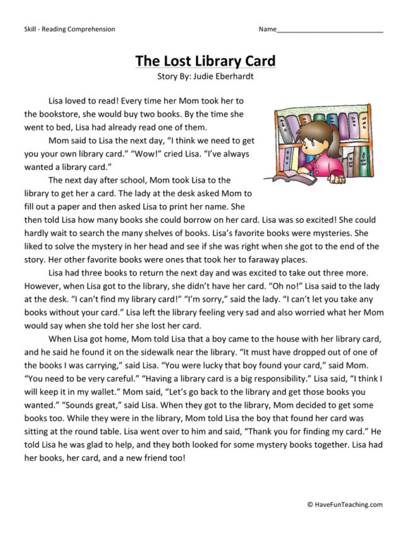 The Lost Library Card Reading Comprehension Worksheet - Have Fun Teaching