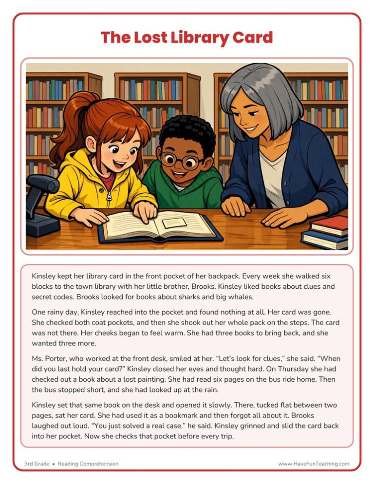 The Lost Library Card Reading Comprehension Worksheet