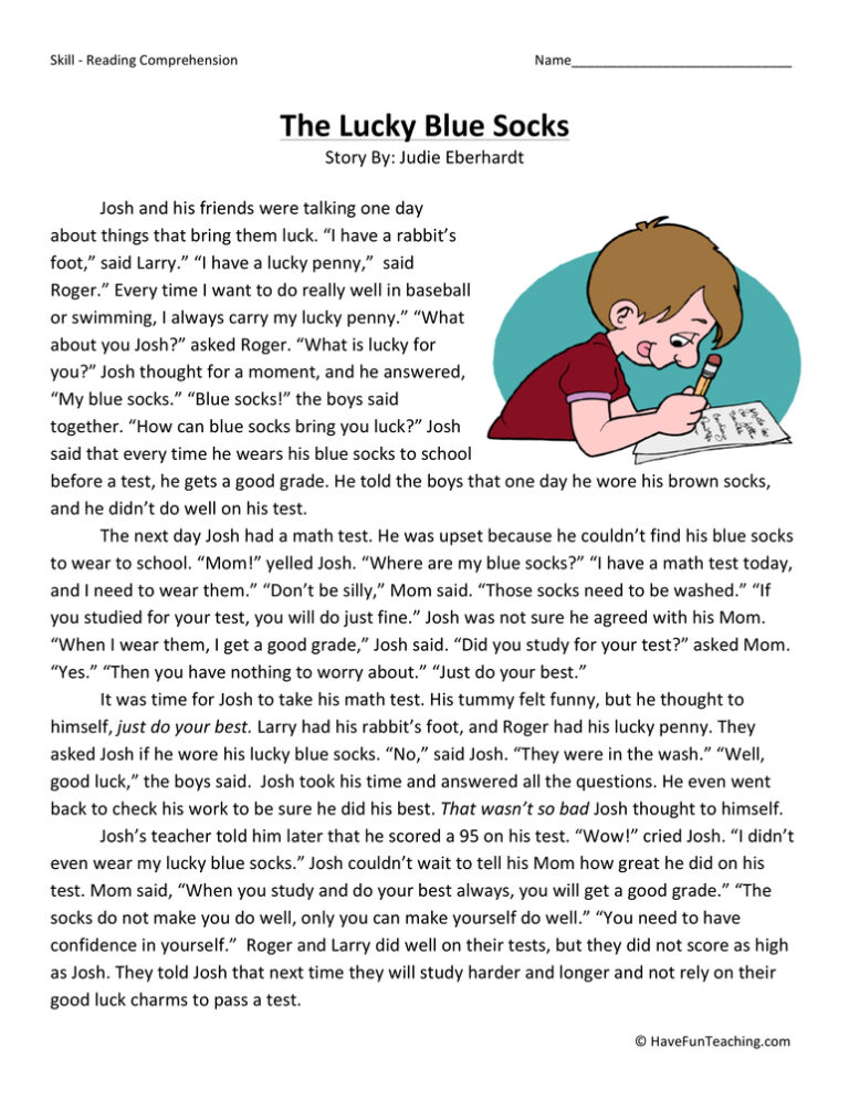 The Lucky Blue Socks Reading Comprehension Worksheet