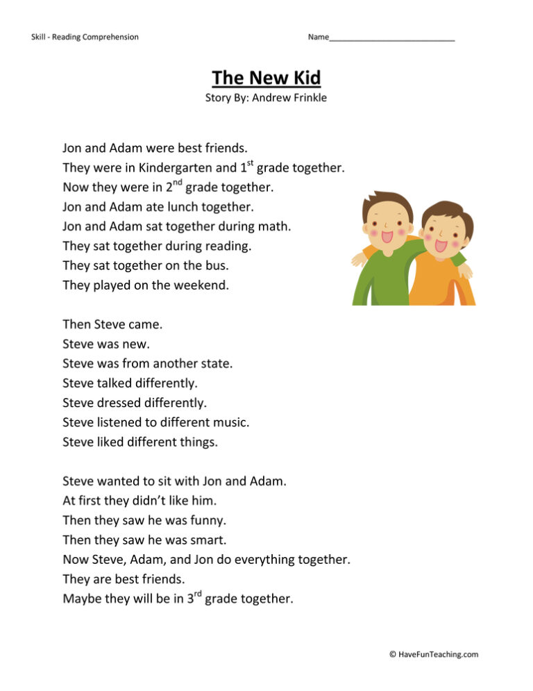 The New Kid Reading Comprehension Worksheet