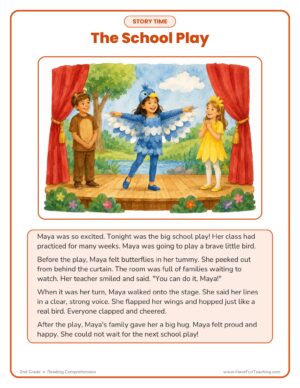 2nd Grade reading comprehension worksheet — The School Play