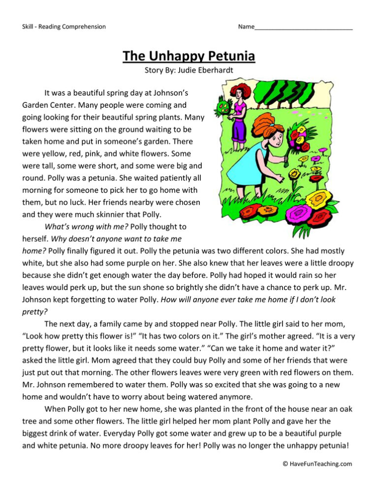 The Unhappy Petunia Reading Comprehension Worksheet