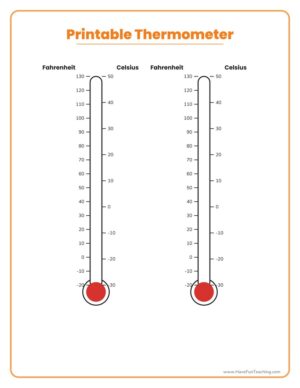 Printable thermometer with Fahrenheit and Celsius scales for classroom temperature and weather activities.
