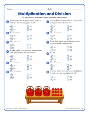 3rd grade multiplication and division test practice worksheet